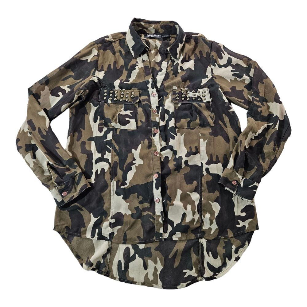 Speed Limit Blouse Medium Green Camouflage Long Sleeves Studded High-Low Sheer